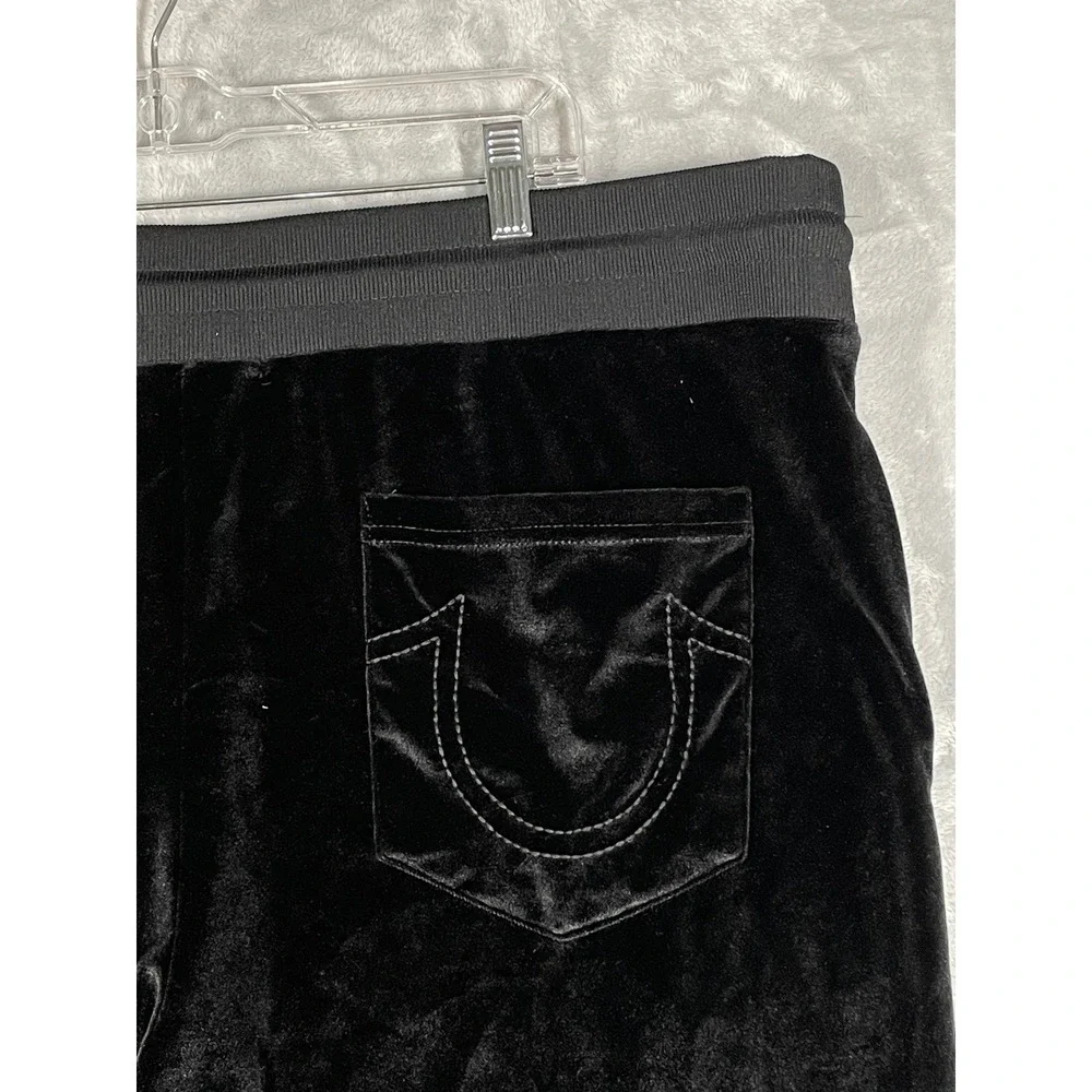 True Religion Black Velour Jogger Pants Logo  Elastic Waist Drawstring Size 3XL